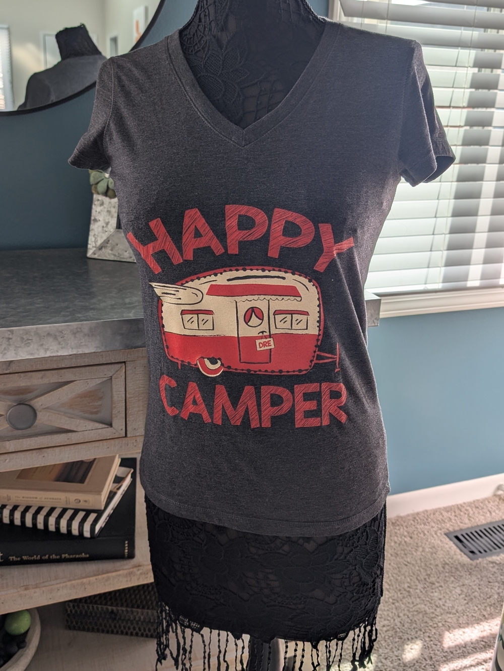 Bella Canvas Gray V-Neck Tee with Red Camper Graphic